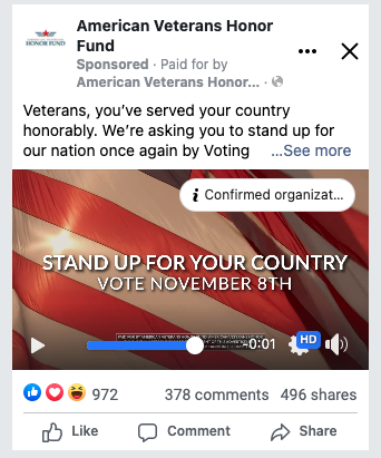 American Veterans Honor Fund 2022 Get Out The Vote Campaign Facebook Ads